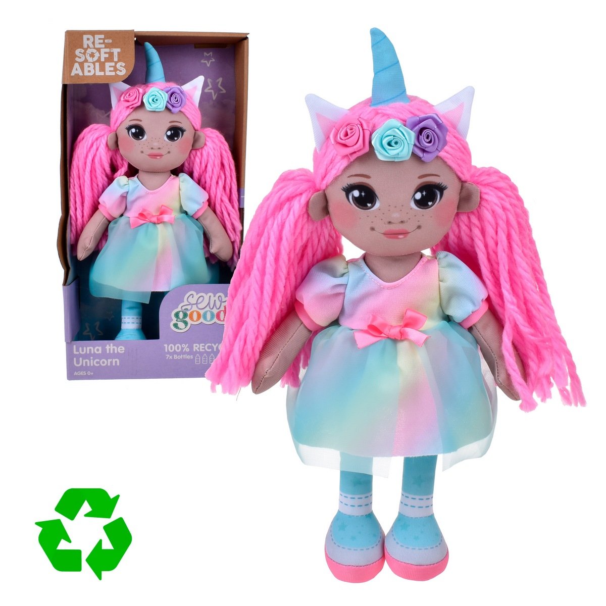 Muñeca De Trapo De Material Reciclado De 30 Cm Resoftables - Unicornio